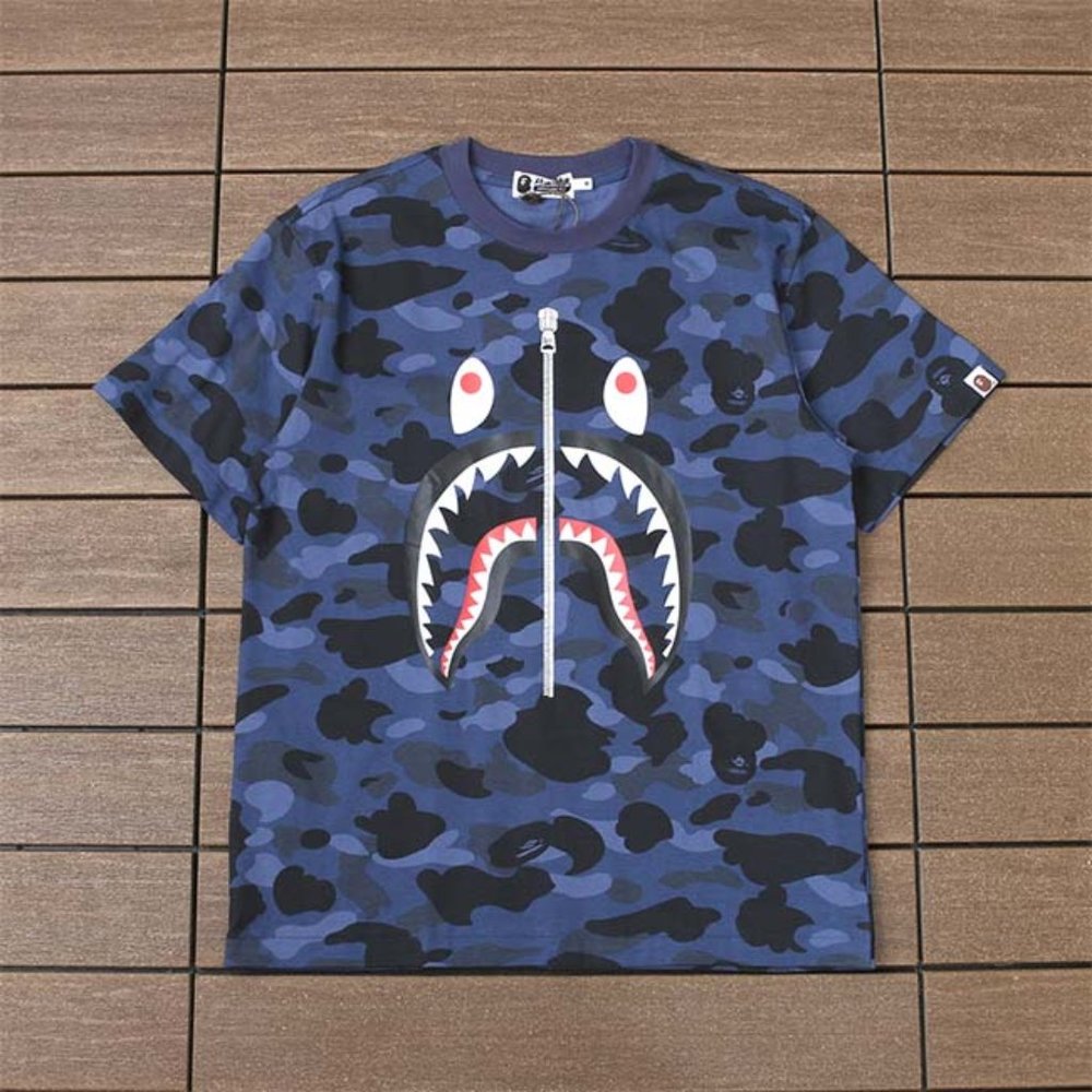 BAPE Camouflage Shark Mouth Logo T-Shirt - Blue Short Sleeve